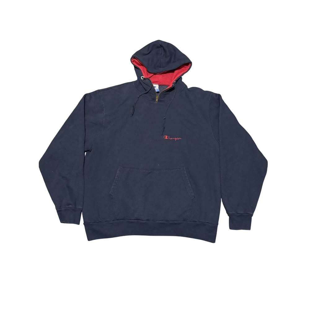 Vintage Champion Hoodie Mens XL Navy Blue Quarter Zip Made in USA Script Logo